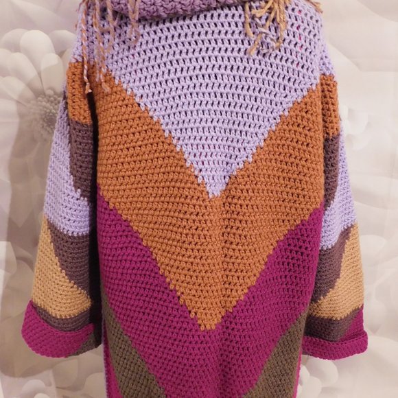 Crochet Brown Lavendar Long Sweater with Fringe Scarf L/XL - Picture 6 of 9